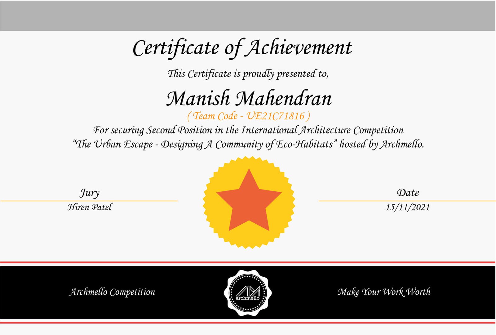 Achievement Certificate - Archmello Competition